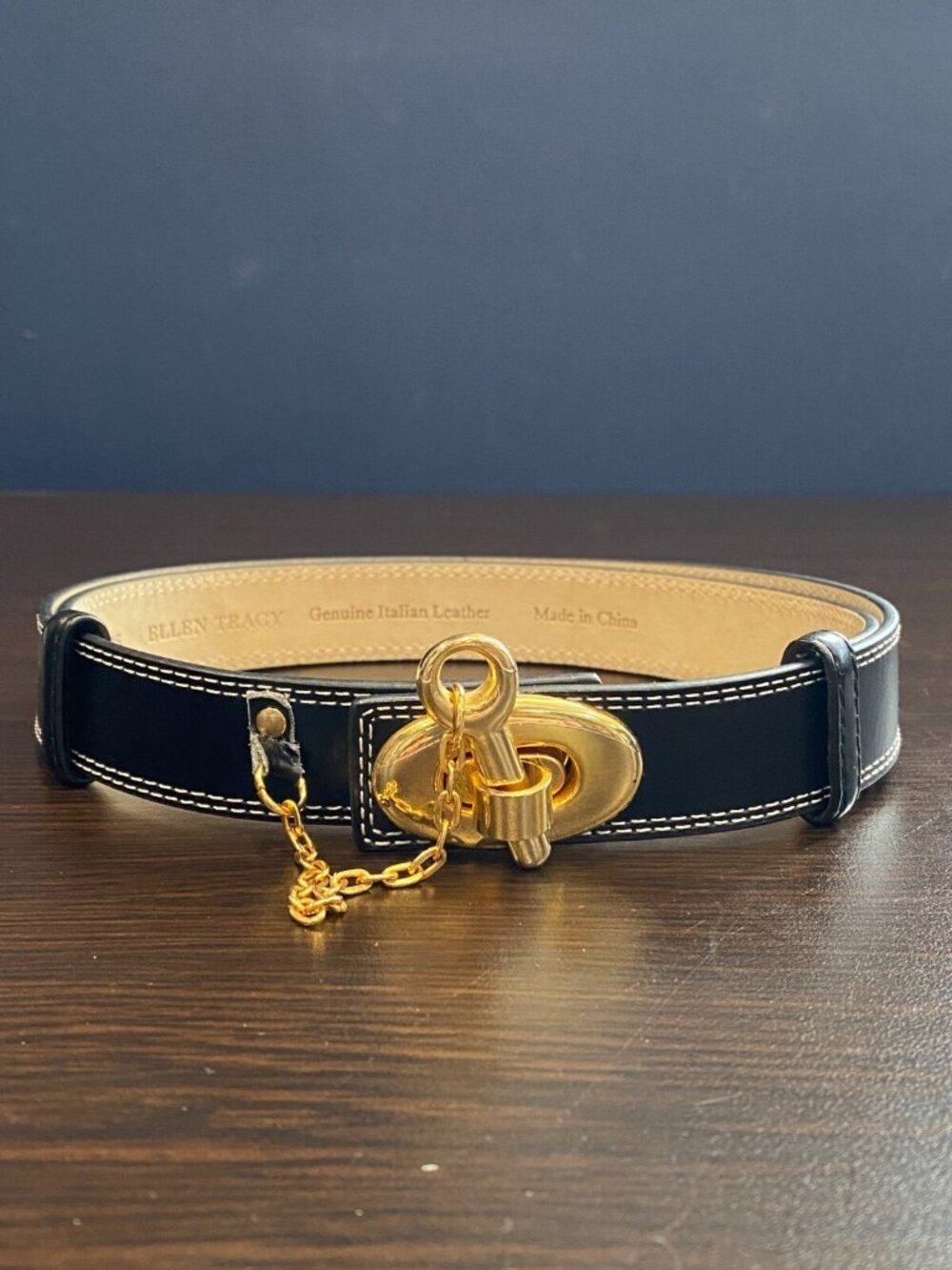 Ellen Tracy Womens Black Leather Belt Gold Hardware Pin Clasp Buckle One Size